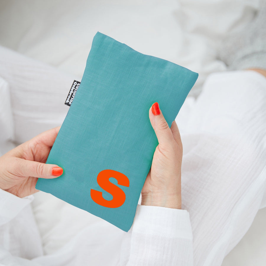 CATHERINE COLEBROOK CUTE HOT WATER BOTTLE IN BLUE LINEN WITH PERSONALISED  ORANGE INITIAL 